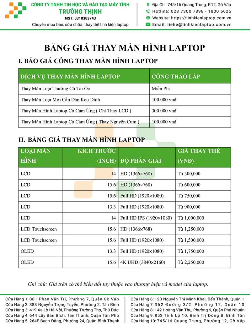 Bảng Báo Giá Lcd Màn Hình Laptop | Trường Thịnh Computer