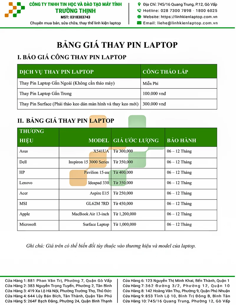 Bảng Báo Giá Thay Pin Laptop | Trường Thịnh Computer